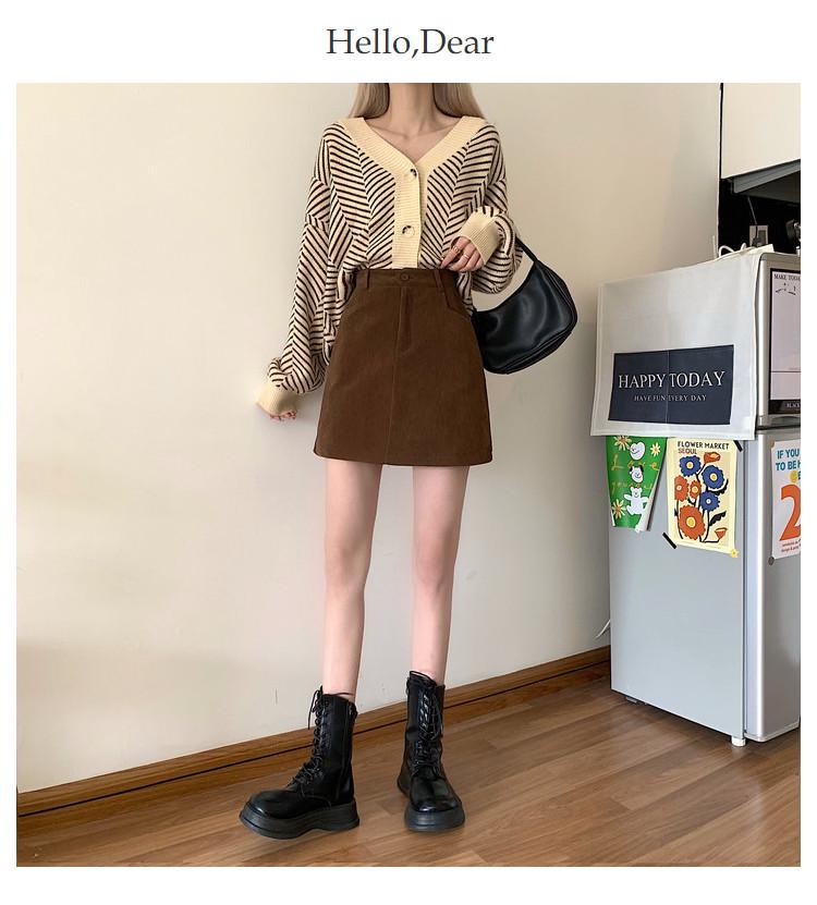 Plus Size Women's Coffee Corduroy A-line Skirt - Autumn/Winter Hip-Hugging Retro Brown Short Skirt