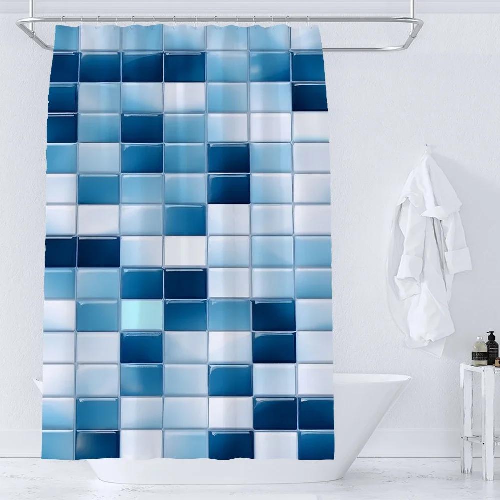 Tende da Doccia con Motivo a Mosaico Blu Tenda da Bagno Impermeabile in Poliestere Geometrica per Bagno Decorazione della Casa Tenda con Ganci