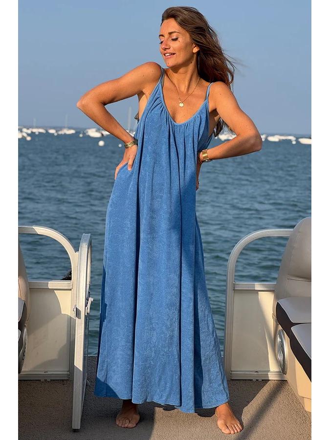 European Seaside Holiday Backless Spaghetti Strap Women's Summer V-Neck Maxi Dress