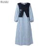 ZANZEA Women Casual Round Neck Long Sleeve Patchwork Plaid Print Dress