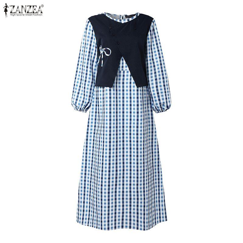 ZANZEA Women Casual Round Neck Long Sleeve Patchwork Plaid Print Dress