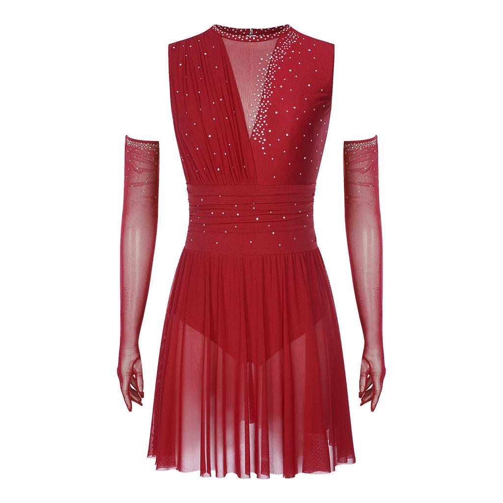 Damska sukienka do łyżwiarstwa figurowego Długie rękawiczki Bez rękawów Błyszczące cyrkonie Odkryte plecy Spódnica Trykot