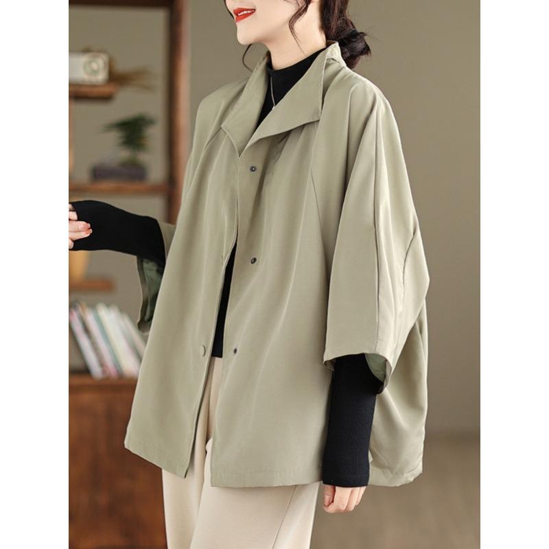 Women Loose Short Trench Coat Raglan 7 Sleeve Literary Casual Outerwear