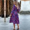 Women Elegant Floral Printed Long Dress High Waist Puff Sleeve Square Neck Autumn Winter Fashion