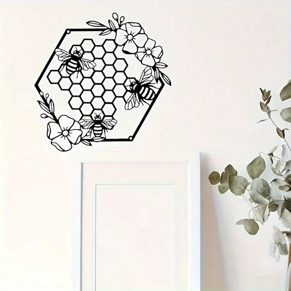 Wrought Iron Black Hexagon Animal Wall Art with Flower Sculpture Home Decor