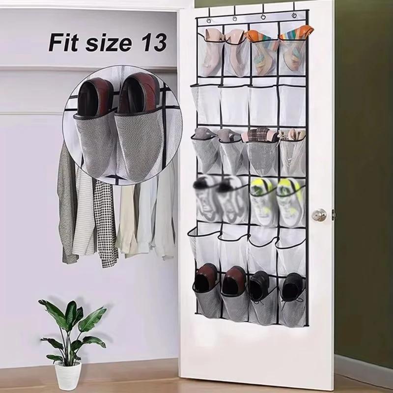 1x 24 Grid Wall-mounted Sundries Shoe Organiser Fabric Closet Bag Storage Rack Mesh Pocket Clear Hanging Over The Door Cloth Box
