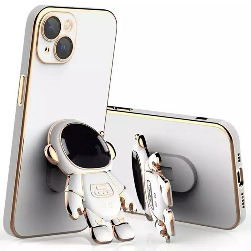 

For iPhone 14 Case Electroplating Soft TPU Phone Cover Astronaut Hidden Kickstand White