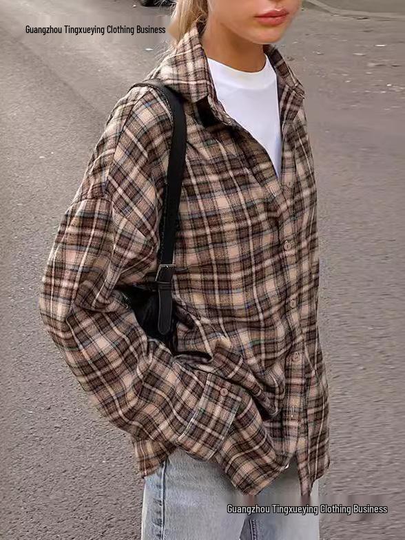 European 2026 Women's Long Retro Plaid Shirt - Spring Loose Fit