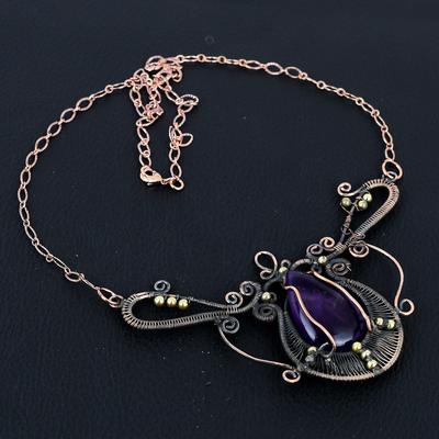 Collar de Joyería Hecho a Mano con Envoltura de Alambre de Cobre Puro con Gema Amatista para Regalo de Acción de Gracias