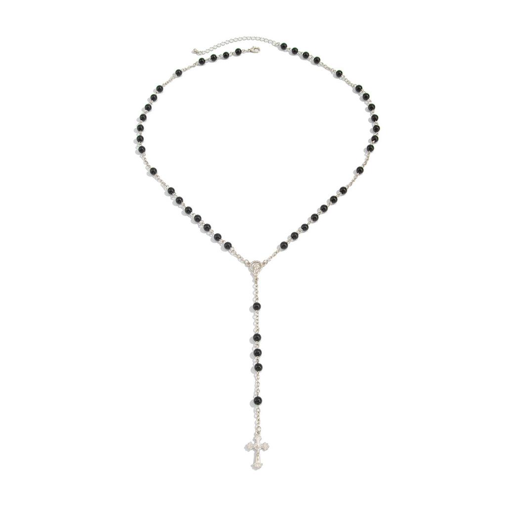 Personalized Dark Cross Pendant Long Necklace, Fashionable Halloween Glass Bead Beaded Necklace