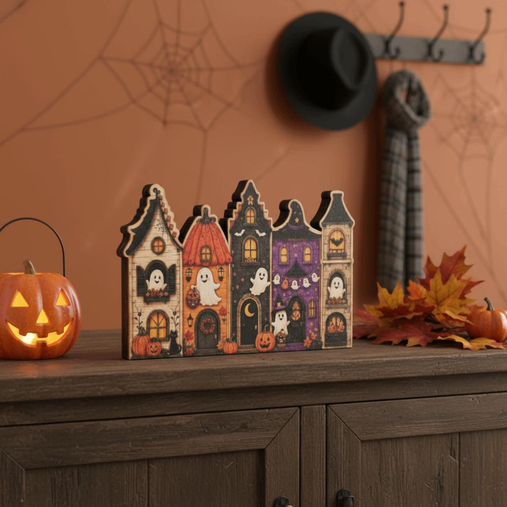 Wooden Halloween Village Decor Multi-layer Rustic Autumn Ornament  Tiered Tray Display