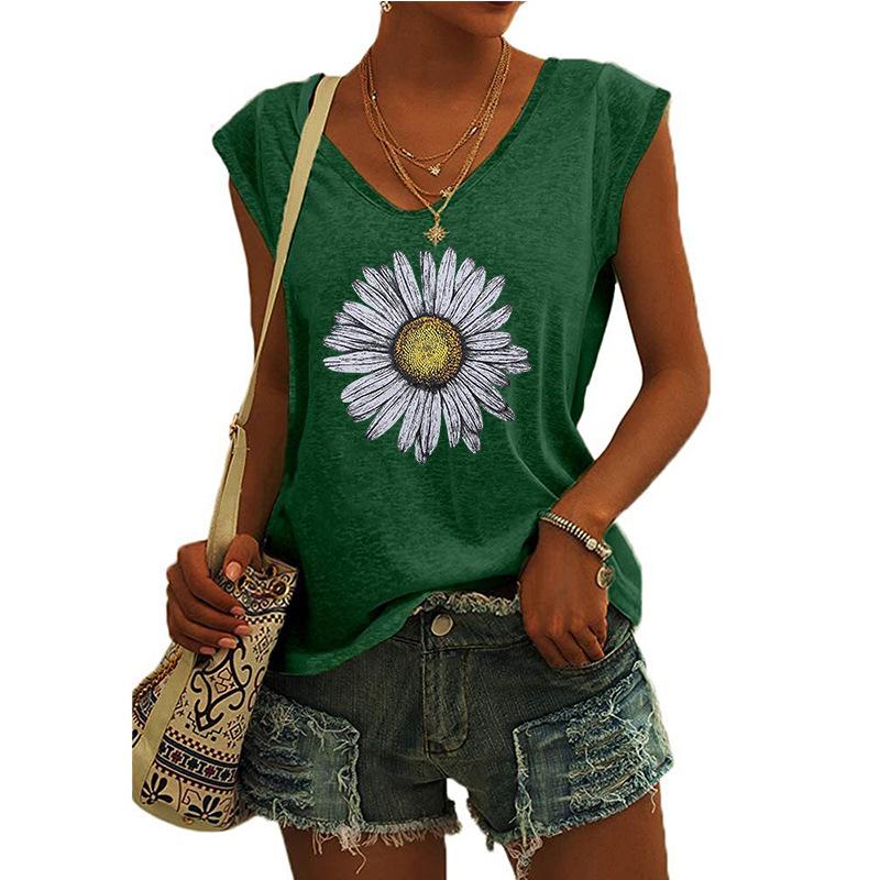2023 Trendy Women's V-neck Print Cap Sleeve Loose T-shirt Top