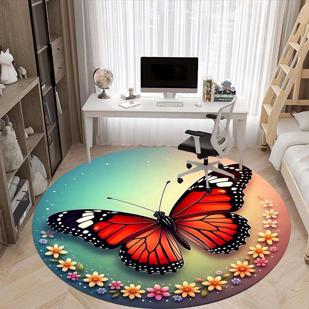 1pc Butterfly Print Chair Carpet for Office, Round Polyester Mat, Indoor Decor for Office, Easycare Fabric, Washable Non-slip Area Carpet