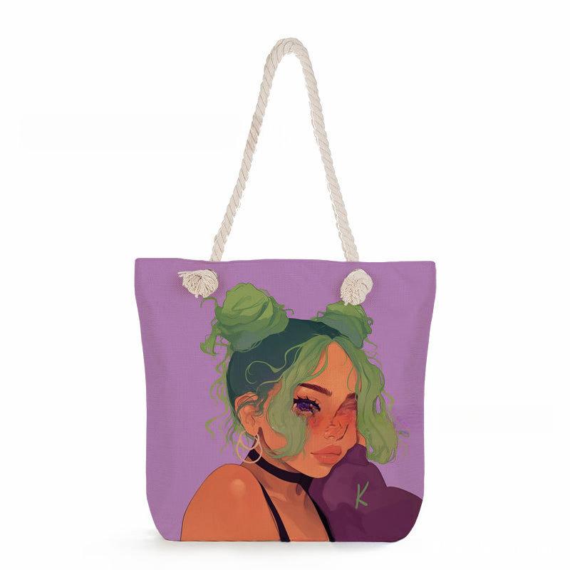 Black Girl Print Thick Rope Single-shoulder Beach Bag 7358