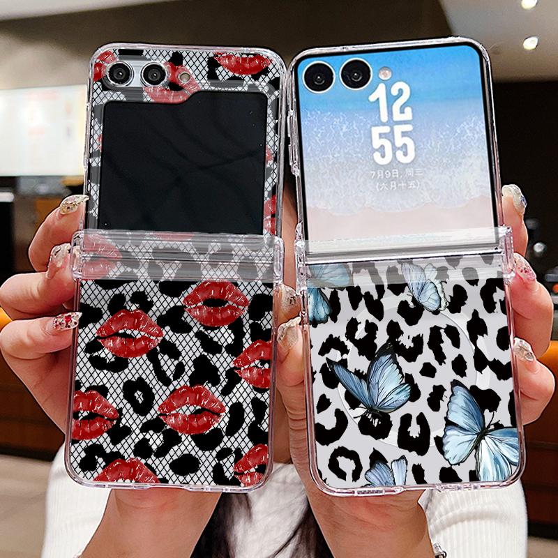 Bowknots Leopard Print Case For Samsung Z Flip 8 7 FE 6 5 Magnetic Clear Hard PC Folding Phone Cover For Galaxy Z Flip8 Flip7 Flip6