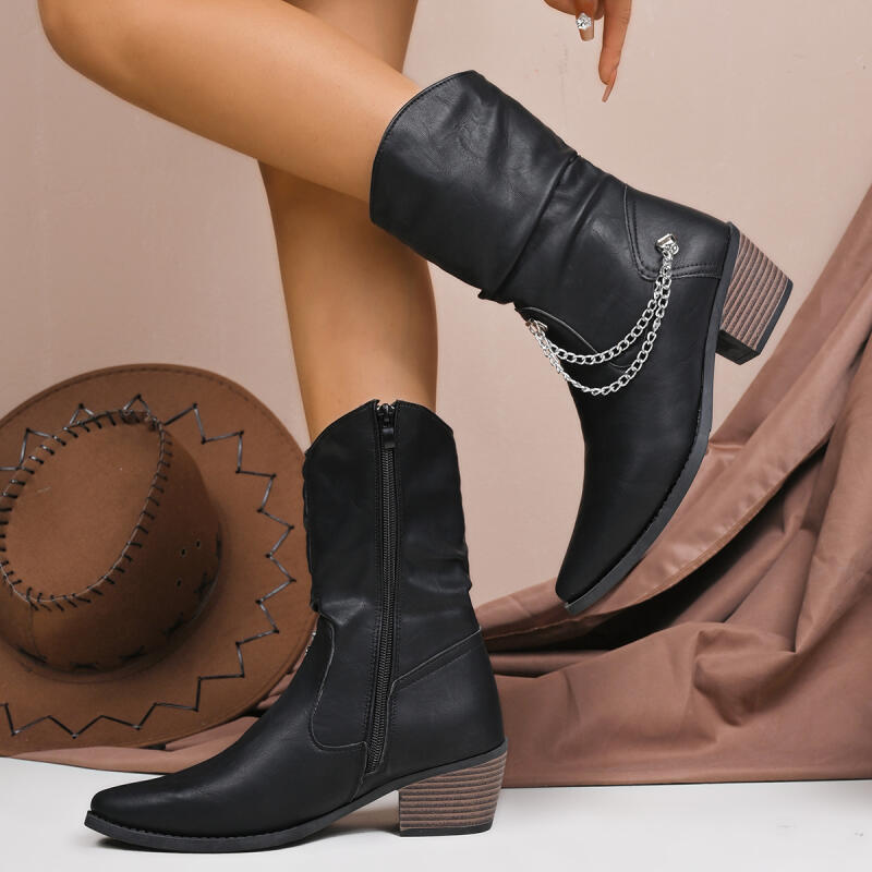 Fashion Vintage Pointed Toe High Heel Western Cowboy Boots Women 2025 Winter Comfort Side Zip Ankle Boots Metal Chain Designer Shoes