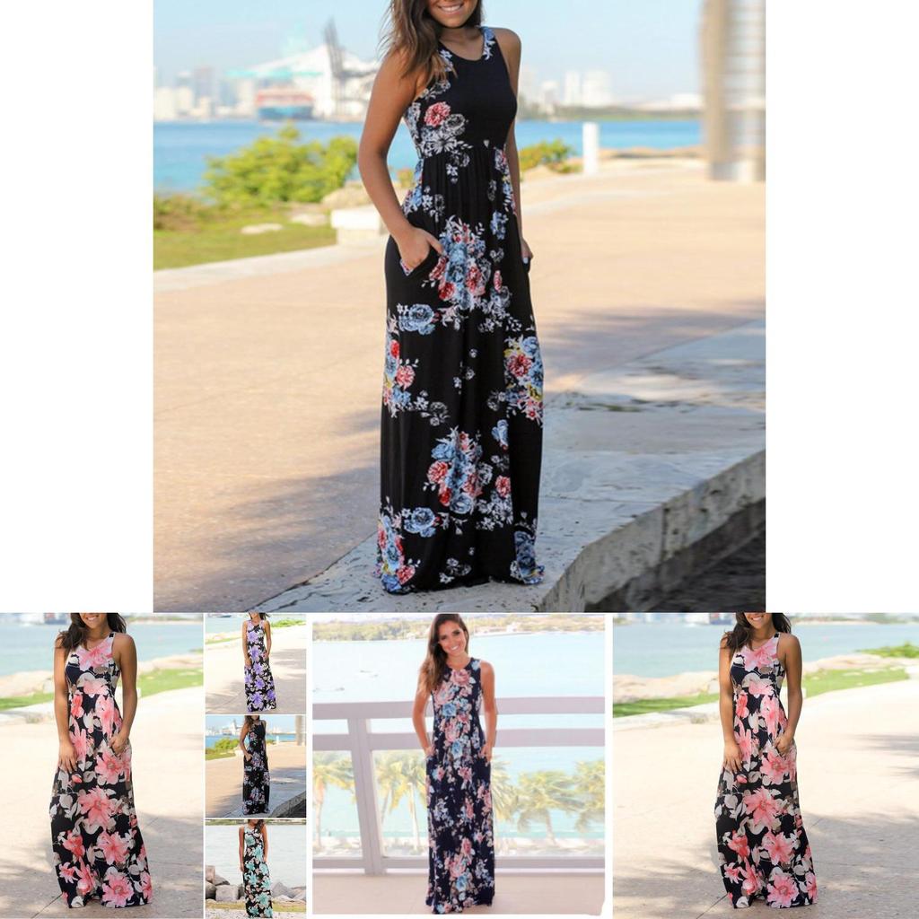 Summer Women's Elegant Casual Sleeveless Floral Printed Beach Dress Long Sundress