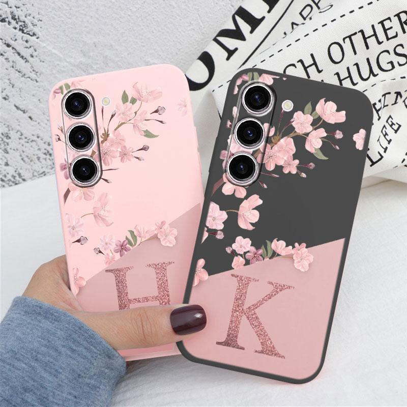 Initial Letter A Z Phone Case For Samsung Galaxy A55 A54 A56 A06 5G Cover Pink Flowers Soft Silicone Back Funda Coque TPU Bumper
