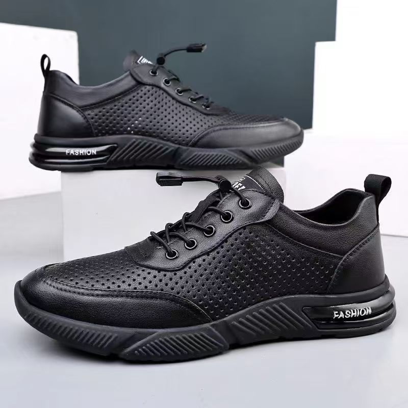 Sandals men's non-slip and deodorant leather surface mesh breathable casual soft-soled leather shoes hollow summer shoes men's versatile trendy shoes