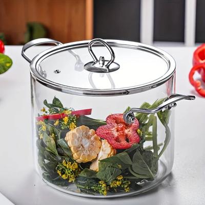 5,5 L Glas-Saucentopf mit Deckel, Glas-Kocher, Suppentopf mit großem Volumen, Borosilikatglas-Saucentopf mit zwei Henkeln, Edelstahl