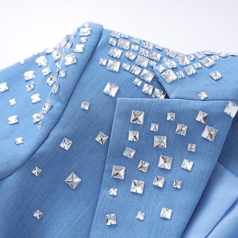 European & American Style V-Neck Blue Suit: Slimming, Flattering, Luxurious Nail Drill Jacket for Stage Performance & Parties