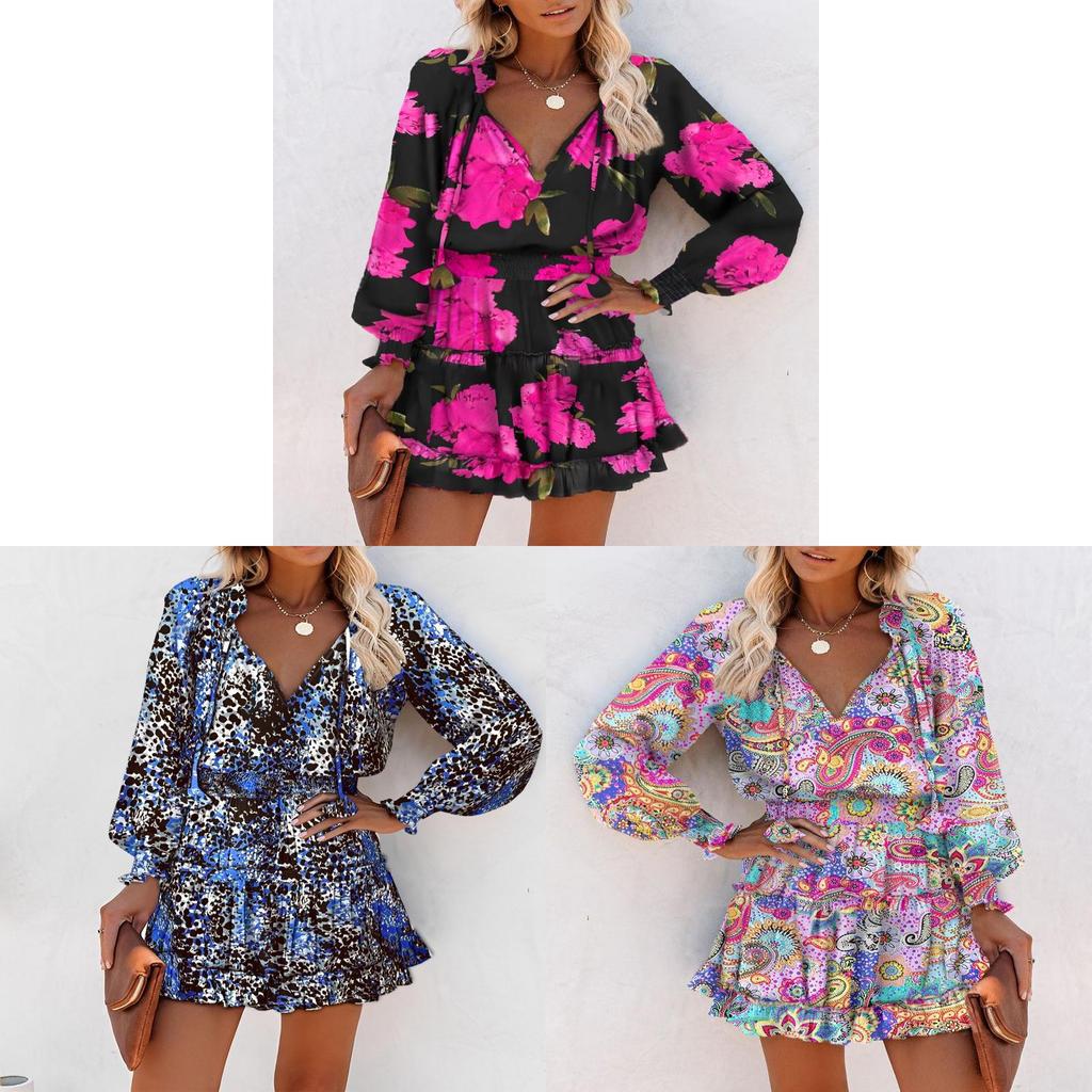 Abito Lungo con Stampa Floreale, Scollo a V, Maniche Lunghe e Orlo Arricciato per Moda Donna Primavera Estate