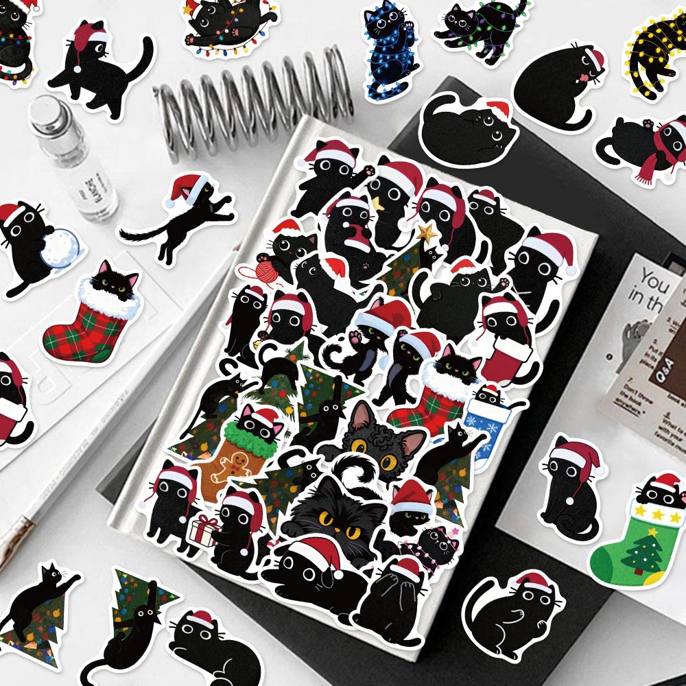 50PCS Christmas Black Cat Cute Christmas Fun Stickers DIY Handmade Materials Phone Case Laptop Luggage Bottle Stickers