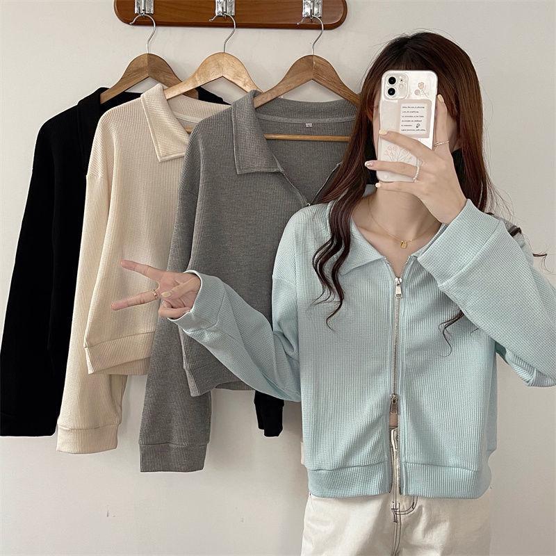 Women's High-End Waffle Knit Polo Collar Sweatshirt Jacket, Autumn Double Zipper Cardigan, Korean Style Student Top