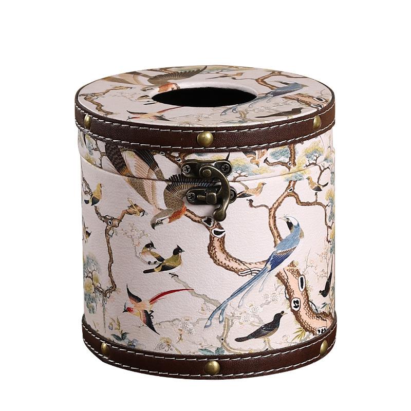 Chinese Style Guofeng Tissue Box Circular Leather Drawer Box Light Luxury Style Napkin Box Suitable for Home Living Room Bedroom