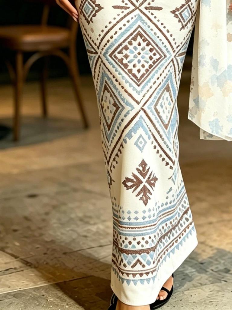 Women's Off-White Ethnic Geometric Print Maxi Dress V Neck Wrap Waist Flare Sleeve Party Gown