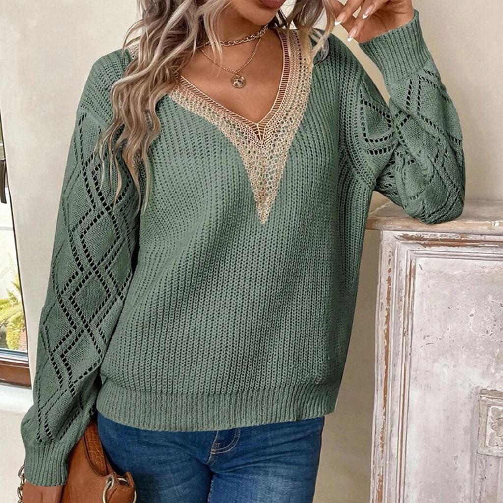 Women's Fashion Casual Hollow Lace V Neck Pullover Solid Color Loose Lightweight Long Sleeve Top Knitted Sweater