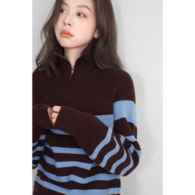 Striped Half-zip Lapel Pullover Sweater Jacket for Women In Autumn and Winter New Style Lazy Style Outer Wear Long-sleeved Sweater