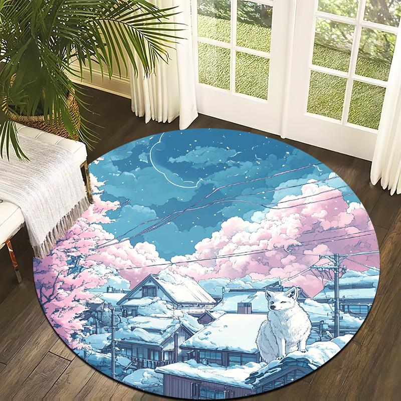 Snowy scenery with cherry blossoms Flannel-printed round floor mats are slip-resistant Suitable for room terrace garden carpets 60cm