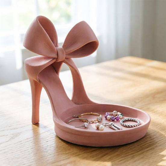 High Heels Jewelry Tray Pink Shoe Shaped Trinket Dish for Rings Earrings Necklaces Decorative Bowknot Desk Vanity Organizer for Women