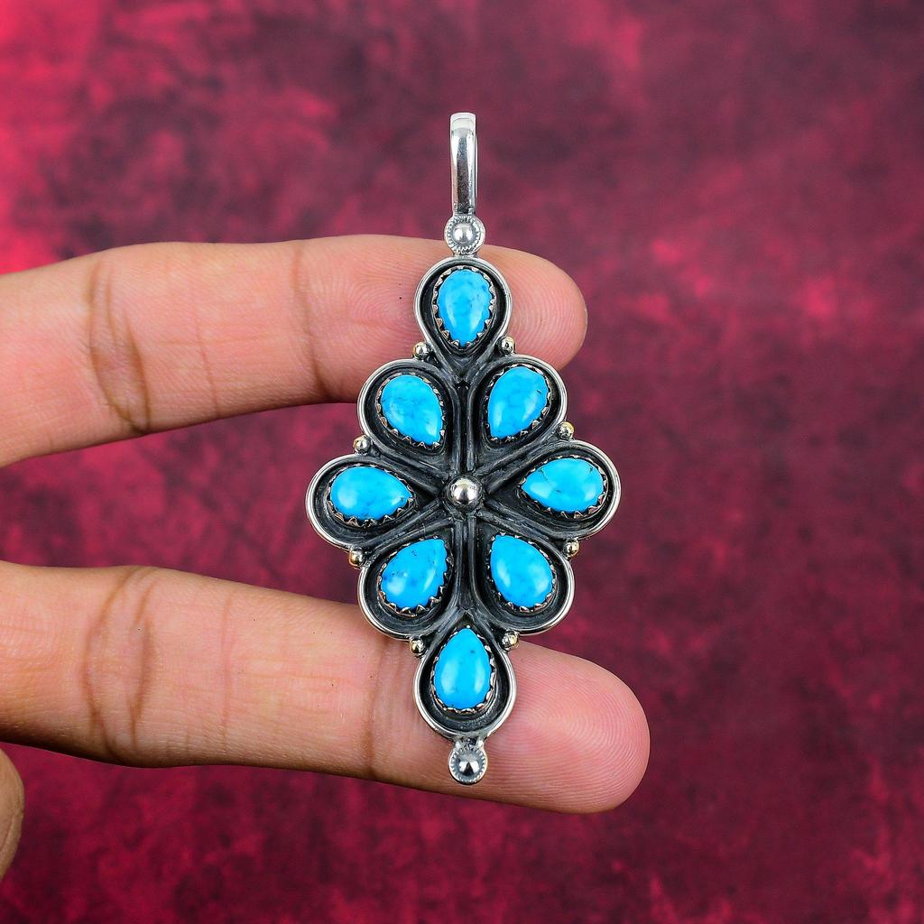 Pendentif en pierre précieuse turquoise bleue fait à la main, pendentif en argent sterling massif 925, pour cadeau de fiançailles