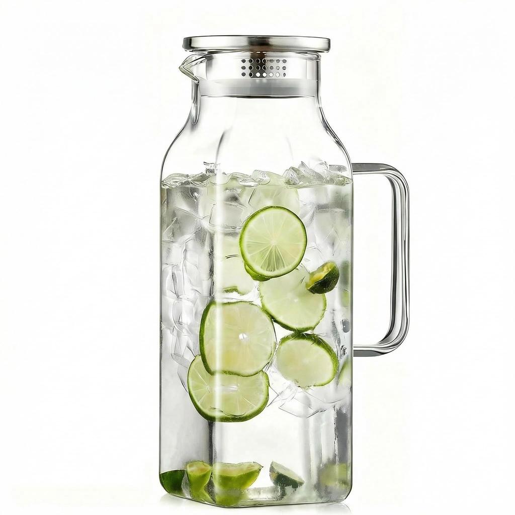 Glass Water Pitcher, 2 Liter/68 oz Square Glass Pitcher with Lid and Handle, Clear Heat Resistant Glass Water Jug Carafe Juice Container for Hot Tea
