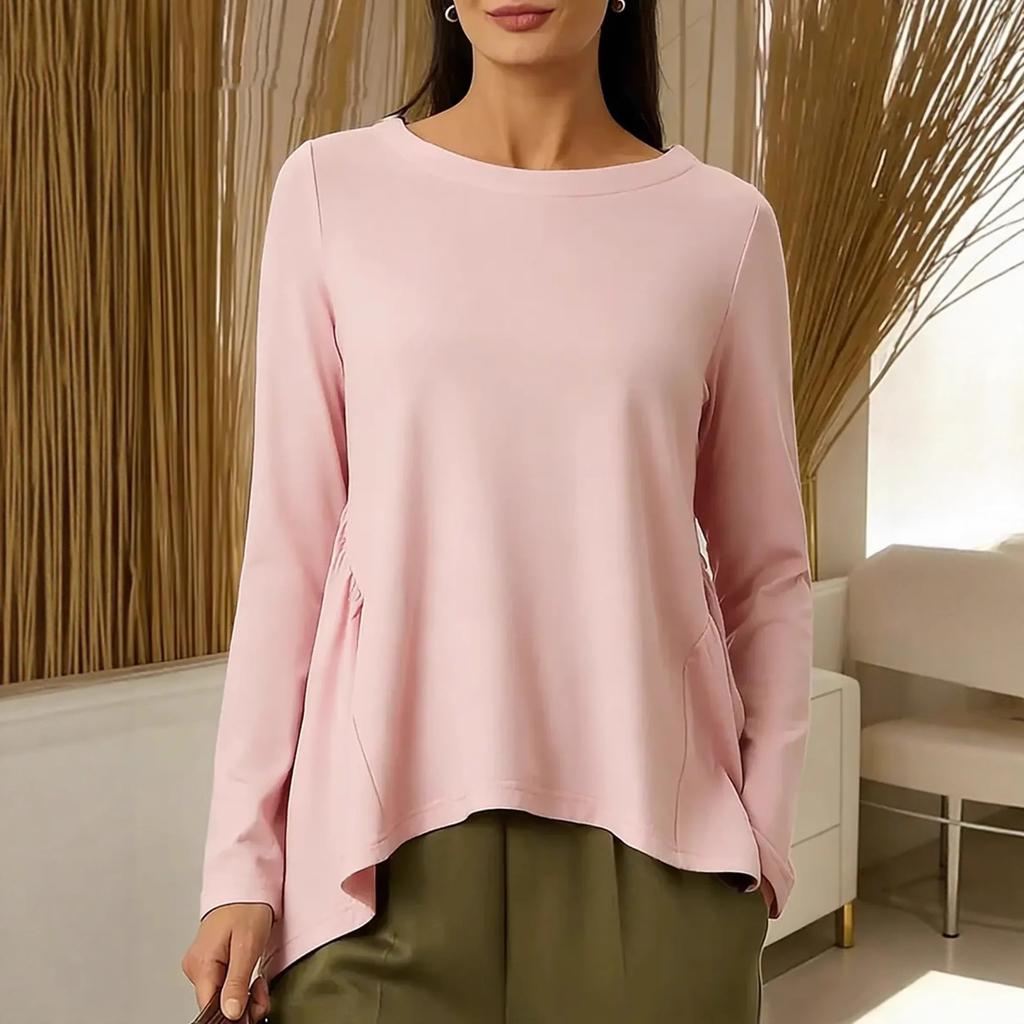 2026 Spring/Autumn New European and American Cross-Border Foreign Trade Amazon WISH Women's Crew Neck Solid Color Long Sleeve Pleated T-Shirt