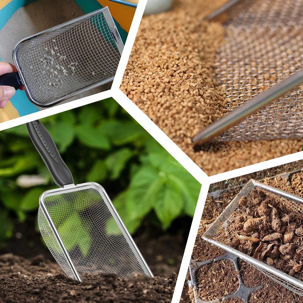 3/4Pcs Gardening Soil Sifters Stainless Steel Sand Soil Compost Sifter with Handle High Efficient Sieve Sifter Potting Scoop
