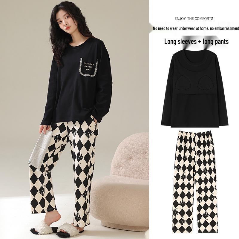 Women's Long-Sleeve Cotton Pajama Set with Chest Pads - Cozy Autumn/Winter Wear, Sweet & Stylish for Home or Outside