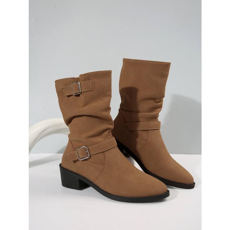 

Ботильоны в ковбойском стиле с квадратным каблуком большого размера и пряжкой, новинка осени и зимы, с круглым носком, универсальные, модные, женские 42 темно-коричневого