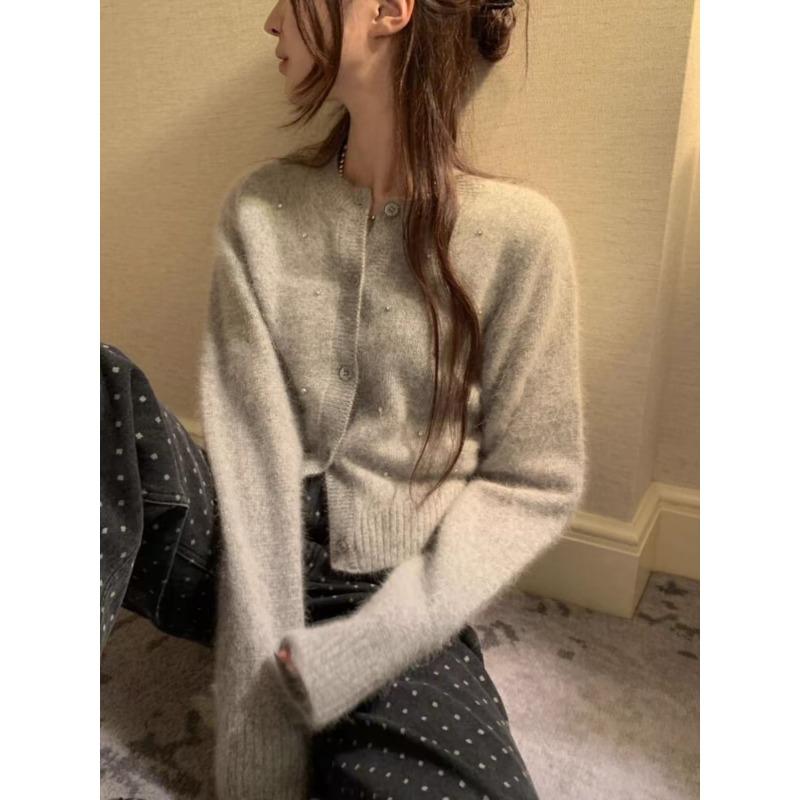 Heavy industry nails drill round neck long-sleeved sweater jacket women's autumn and winter new celebrity temperament high-end loose knitted cardigan