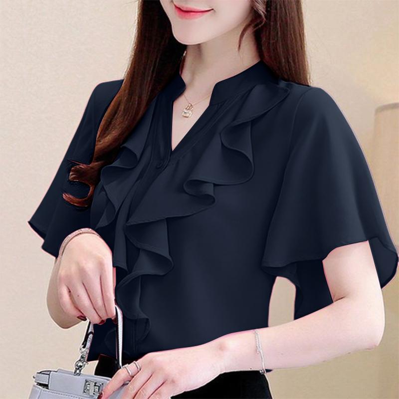 

ZANZEA Женская повседневная блузка с оборками, V-образным вырезом, свободного кроя, с короткими рукавами 4XL темно-синий
