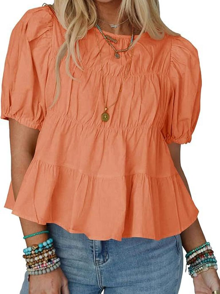 New Summer Bubble Sleeve Raglan T-Shirt Loose Casual A-Line Ruffled Trendy Top