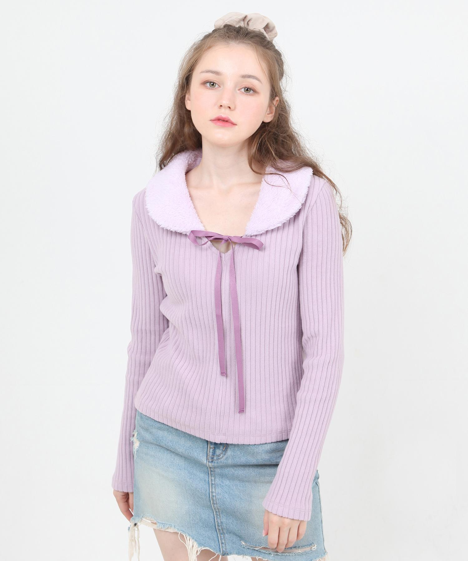 Kathrin Fur Collar Knit T-Shirt (Purple) Purple