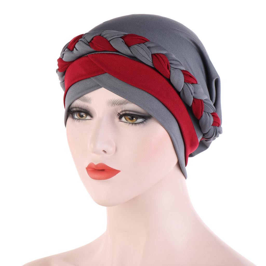 Two-Tone Patchwork Milk Silk Bandana Hat with Short Braid and Hidden Hair Wrap for Muslims
