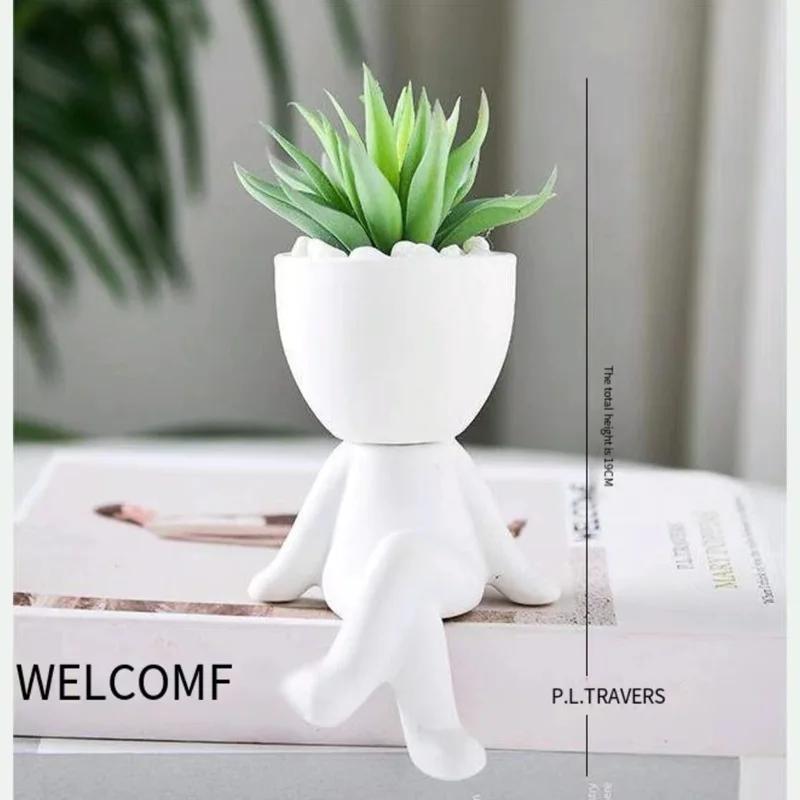 Mini Decorative Pots for Plants Human Shaped Ceramic Succulent Planters Cute Cactus Flower Pots with Drainage for Desktop Home