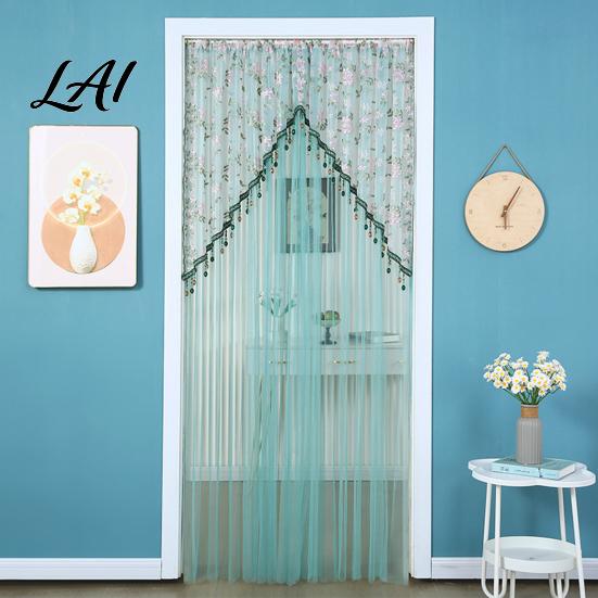 Light Filtering Balcony Partition Sheer Lace Door Curtain Embroidered Floral Doorway Curtain with Beads No Drill Rod Pocket Room Divider for Bedroom