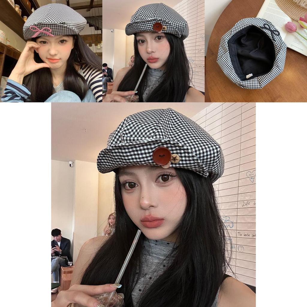 Stylish Korean Y2k Handmade Button Beret Hat For All Seasons With Vintage Pattern