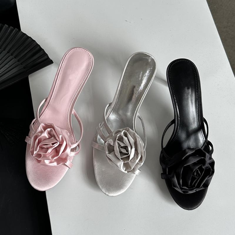 Eilyken Summer Flower Woman Slippers Thin Low Heels Narrow Band Party Stripper Ladies Mules Slides Zapatos Mujer