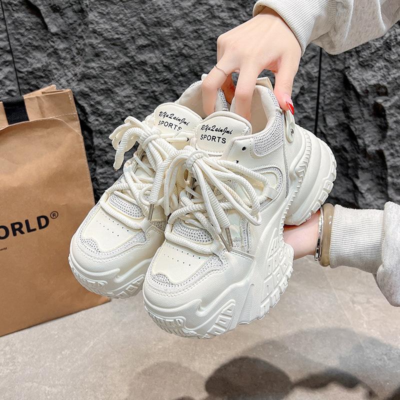 

Fashion Chunky Sneakers 2025 Summer Autumn New Style Thick Soled Height Increasing Casual Fashion Sports Shoes Lace Up Black Beige 40 бежевый